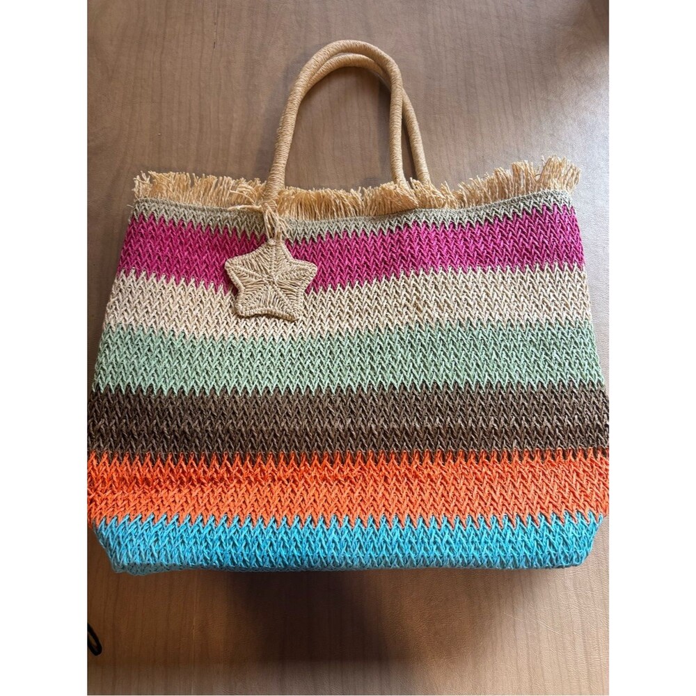 Vintage Havana Multicolor Straw Tote Bag with Star Charm -